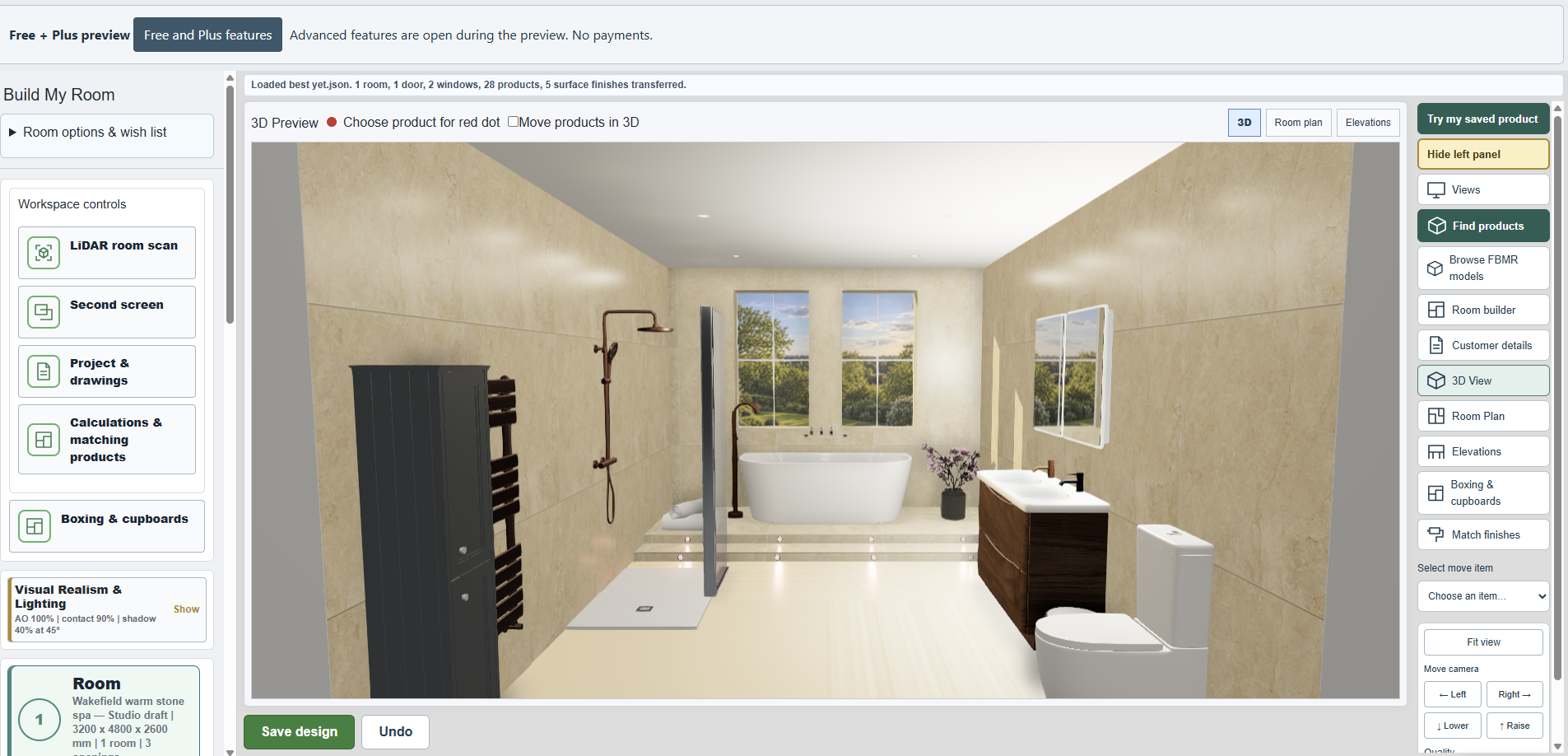 Bathroom designed in FBMR's 3D planner with bath, shower, vanity, tiles and lighting